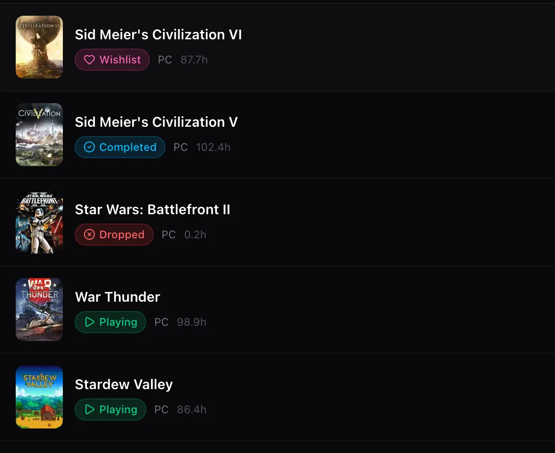 A Tsumi library showing Steam games with statuses, platforms, and synced hours