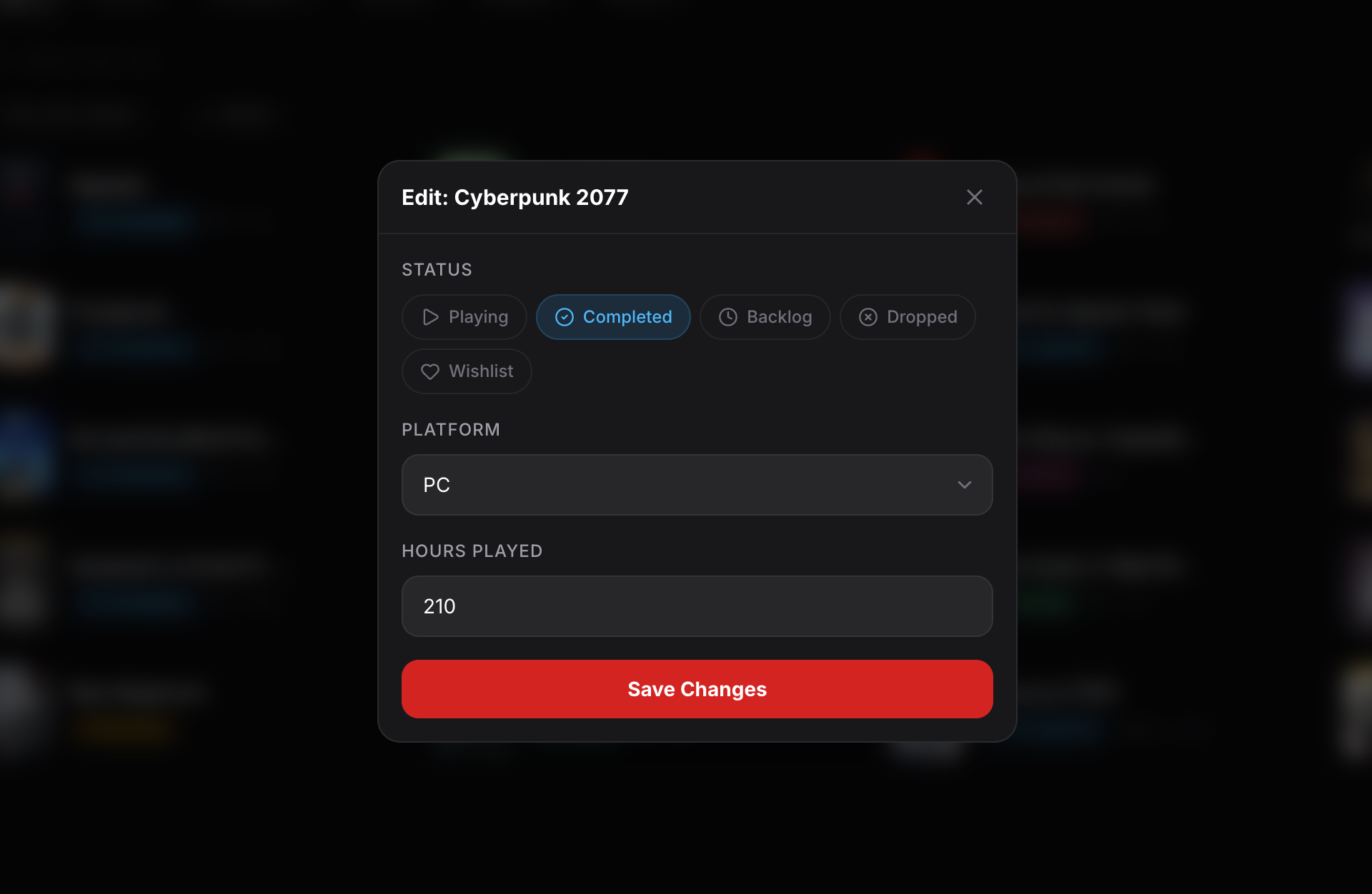 Edit dialog showing status, platform, and hours played fields